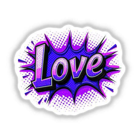 Love Valentine's Day comic-style design featuring bold letters and starry accents, available as a sticker or digital artwork.