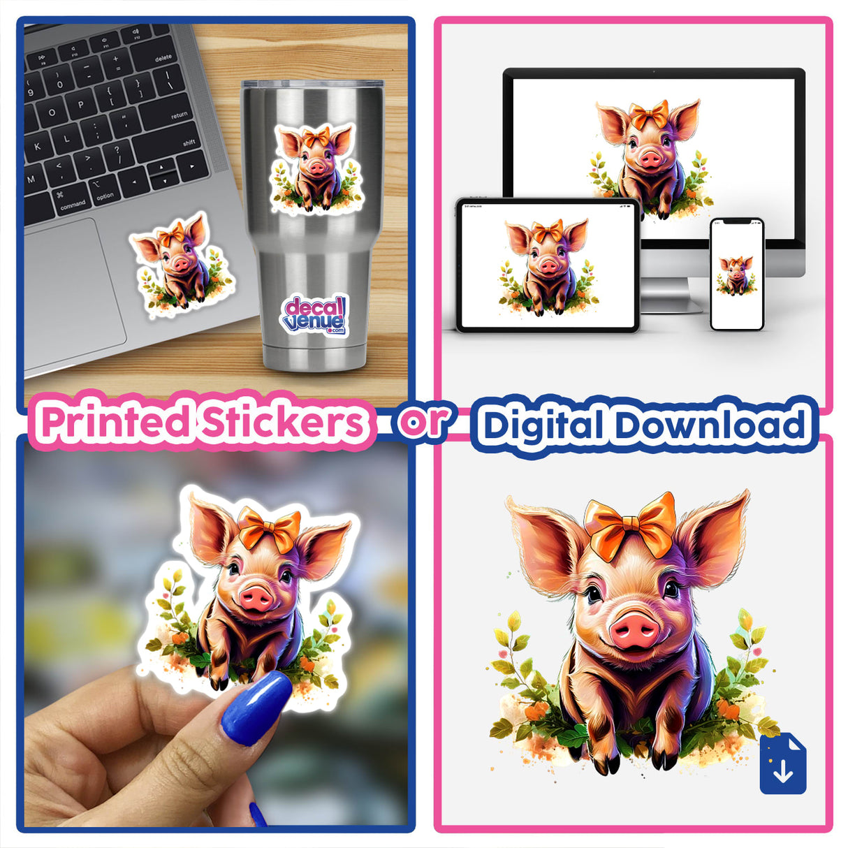 Collage of images featuring Piglet stickers and digital art, including a cartoon pig with a bow, a hand holding a pig sticker, and a laptop with a pig decal.