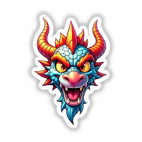 Cartoon illustration of A Cool Fantasy Dragon head with sharp teeth and vibrant eyes, available as unique stickers or digital artwork from Decal Venue.