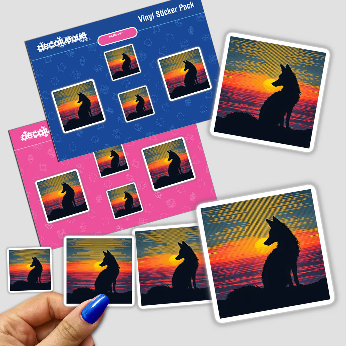 Fox Silhouette with Vibrant Stripes sticker featuring a black silhouette of a fox against colorful, dynamic background stripes, held close-up by a person's hand.