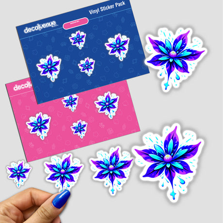 A Colorful Spring Flower sticker featuring vibrant floral designs, shown being held and touched by a hand with blue nail polish, ideal for adding a unique touch to surfaces.