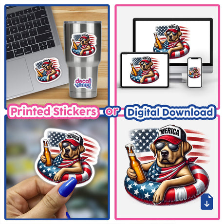 Labrador Retriever American Flag Float Merica: Collage of a dog in sunglasses and hat, holding a beer bottle while floating, featured as stickers or digital artwork for laptops and cups.
