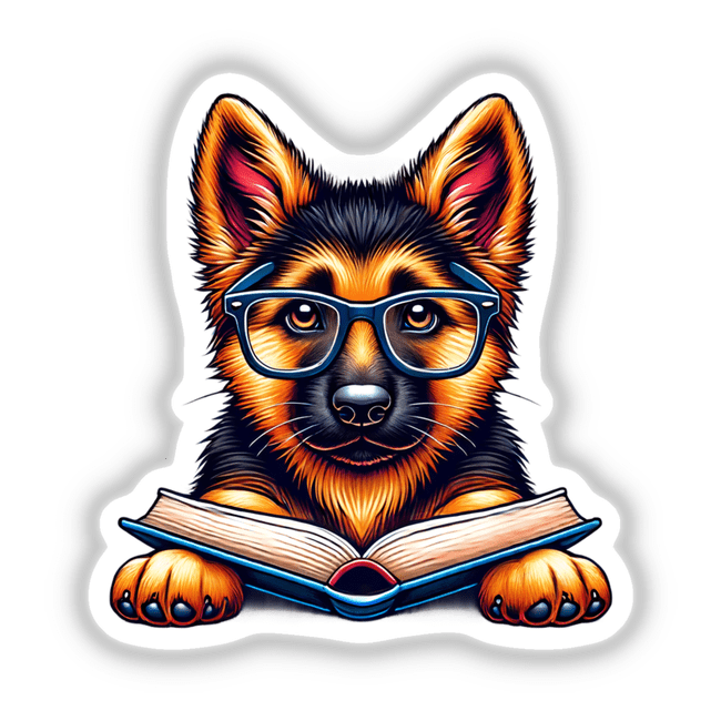 German Shepherd Dog With Reading Glasses Open Book