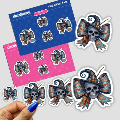 Coquette Skull Witch Bow stickers featuring skulls with hats and bows, available as stickers or digital artwork.