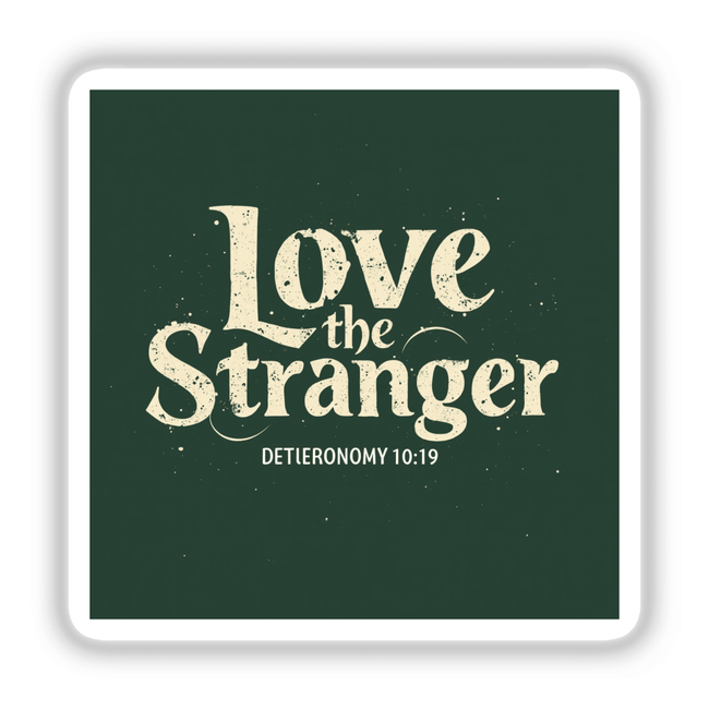 Love the Stranger - Deuteronomy 10:19 Christian Sticker or Clipart, features bold white text on a green square, offering inspirational scripture with commercial rights for unique use.