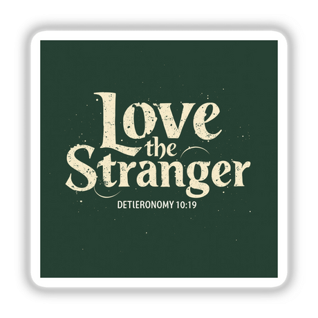 Love the Stranger - Deuteronomy 10:19 Christian Sticker or Clipart, features bold white text on a green square, offering inspirational scripture with commercial rights for unique use.