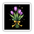 Purple Tulip Bouquet with Yellow Ribbon and Silver Stars features a vibrant arrangement of purple flowers, accented by a yellow bow, ideal as unique stickers or digital artwork from Decal Venue.