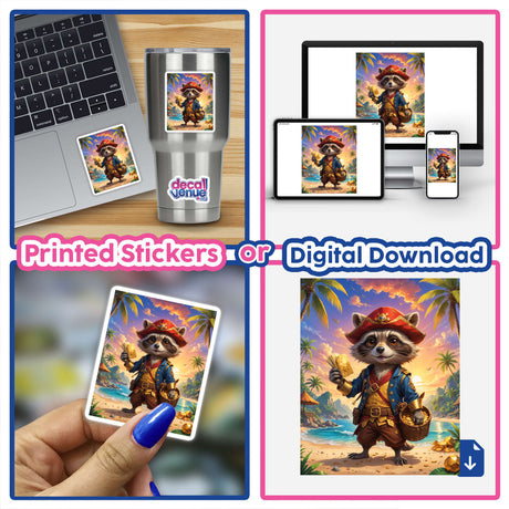A collage featuring A Cute Fantasy Raccoon Pirate cartoon sticker on a laptop, showcasing a raccoon with gold coins, available as vinyl stickers or digital artwork.