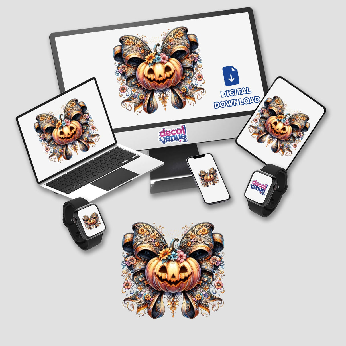 Laptop and phone featuring the Floral Coquette Pumpkin Bow design, showcasing a pumpkin with flowers and a bow. Available as stickers or digital artwork from Decal Venue.