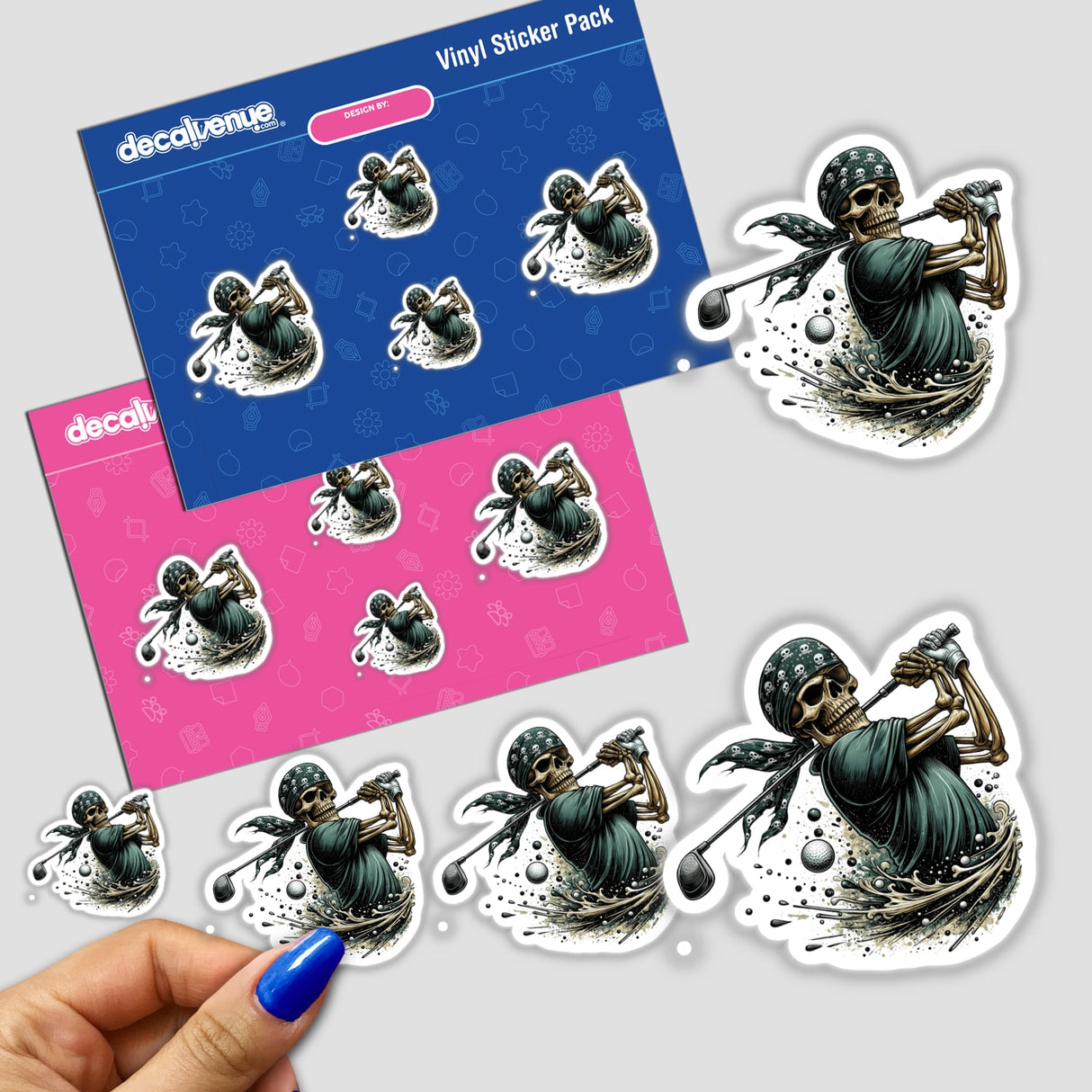 Bandana Skeleton Swinging Golf Club II sticker, depicting a skeleton playing golf, part of a unique sticker pack from Decal Venue.