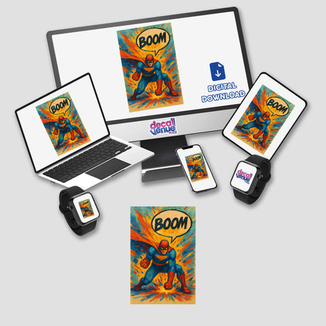 Boom Gouache Comic Book Sticker or Clipart with Commercial Rights features a motivational superhero theme, embodying vibrant comic-style artwork. Perfect as a sticker or digital art for commercial use.