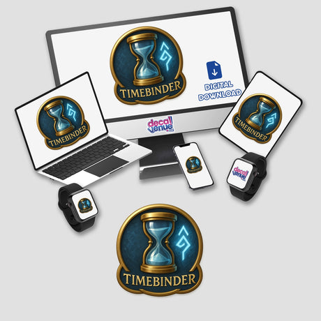 Timebinder – RPG-Style Skill Badge featuring a gold and blue hourglass emblem, available as stickers or digital artwork, showcasing intricate design details from Decal Venue's unique collection.