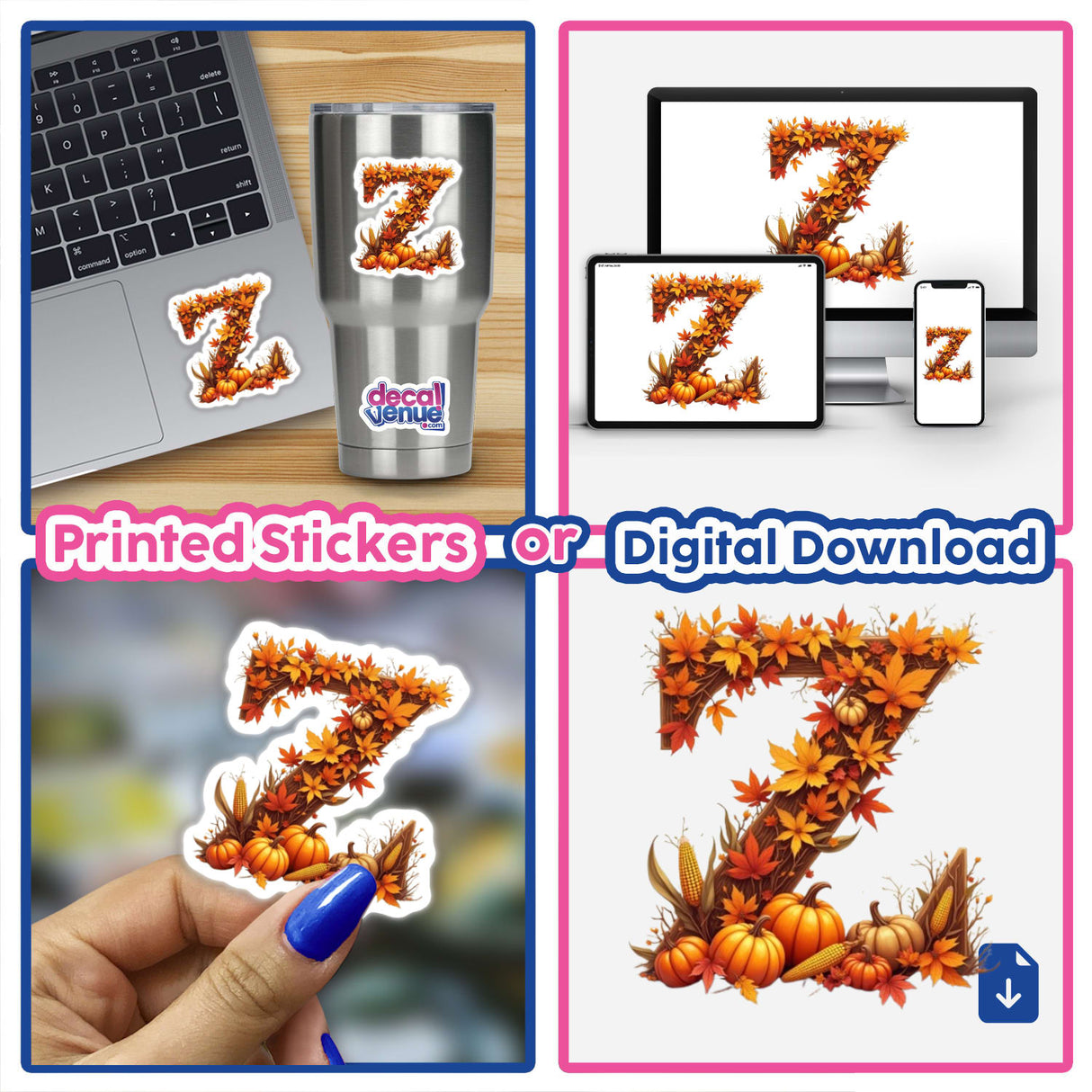 Fall Aesthetic Letter Z Clipart | Stickers or Download with Commercial Rights: A collage featuring the letter Z decorated with fall leaves and pumpkins, suitable for stickers or digital artwork.
