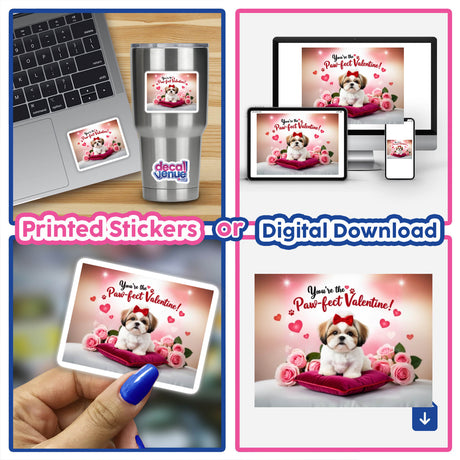 Shih Tzu Sticker and Clipart with Commercial Rights – Cute Dog Valentine’s Day Design featuring a laptop displaying a Shih Tzu with a bow, available as stickers or digital artwork.