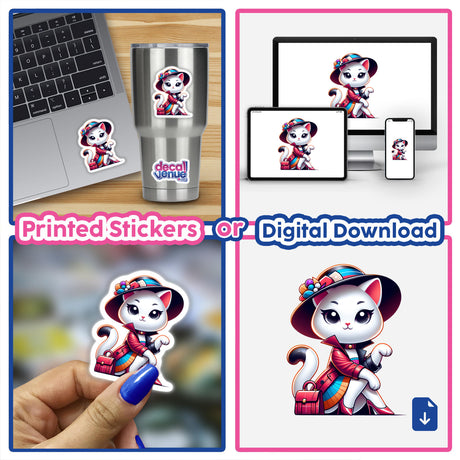 Collage featuring Trendy Cat stickers and digital artwork, including a cartoon cat on a laptop, cup, and devices, plus a hand holding a cat sticker.