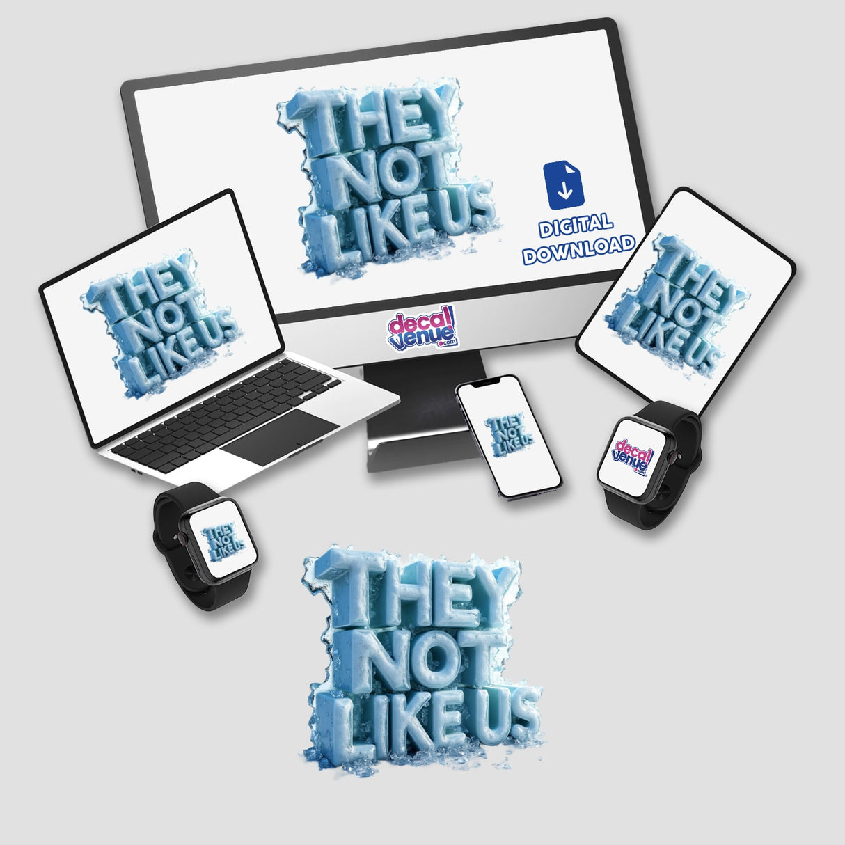 Crystallized Ice They Not Like Us design displayed on a computer monitor and laptop, highlighting its frosty, artistic style for use as stickers or digital downloads.