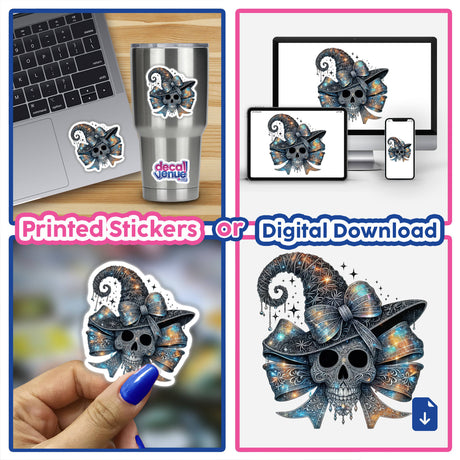 Prismatic Skull Witch Coquette Bow collage featuring a skull with hat and bow, laptop with skull sticker, and close-ups of skull-themed items. Available as stickers or digital artwork.