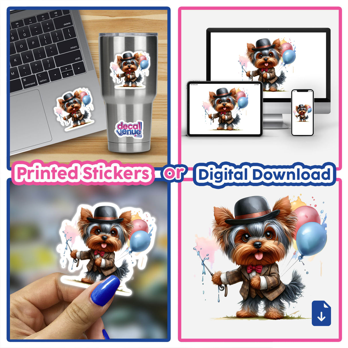 Adorable Yorkshire Terrier dog wearing a bow tie and top hat, depicted in digital artwork displayed across devices and printed products from Decal Venue.