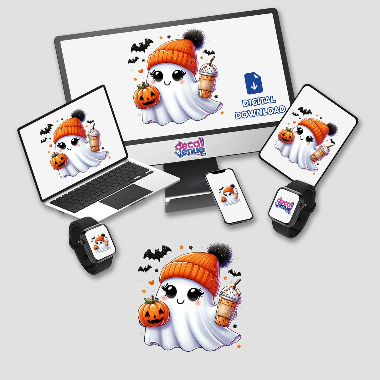 Cute pumpkin ghost with coffee and bats on various digital devices and products.