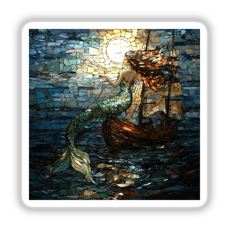 Ethereal Mermaid and Shipwreck Mosaic: A detailed artwork depicting a mermaid aboard a boat, available as stickers or digital artwork from Decal Venue, known for unique designs.