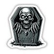 Halloween Skeleton Peeking Out of Tombstone cartoon, featuring a skull with teeth inside a coffin, available as stickers or digital artwork from Decal Venue.
