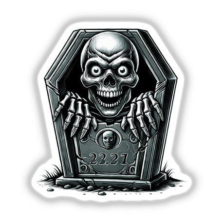 Halloween Skeleton Peeking Out of Tombstone cartoon, featuring a skull with teeth inside a coffin, available as stickers or digital artwork from Decal Venue.