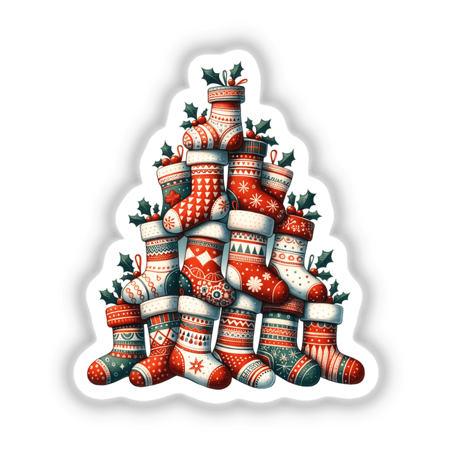 Stocking Christmas Tree design featuring a stack of Christmas stockings, available as stickers or digital artwork from Decal Venue.