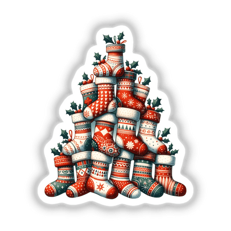 Stocking Christmas Tree design featuring a stack of Christmas stockings, available as stickers or digital artwork from Decal Venue.