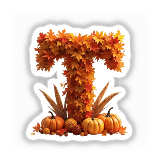 Thanksgiving Letter T Clipart featuring fall leaves and pumpkins, available as stickers or digital artwork for commercial use.