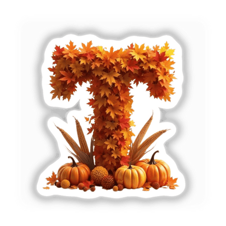 Thanksgiving Letter T Clipart featuring fall leaves and pumpkins, available as stickers or digital artwork for commercial use.