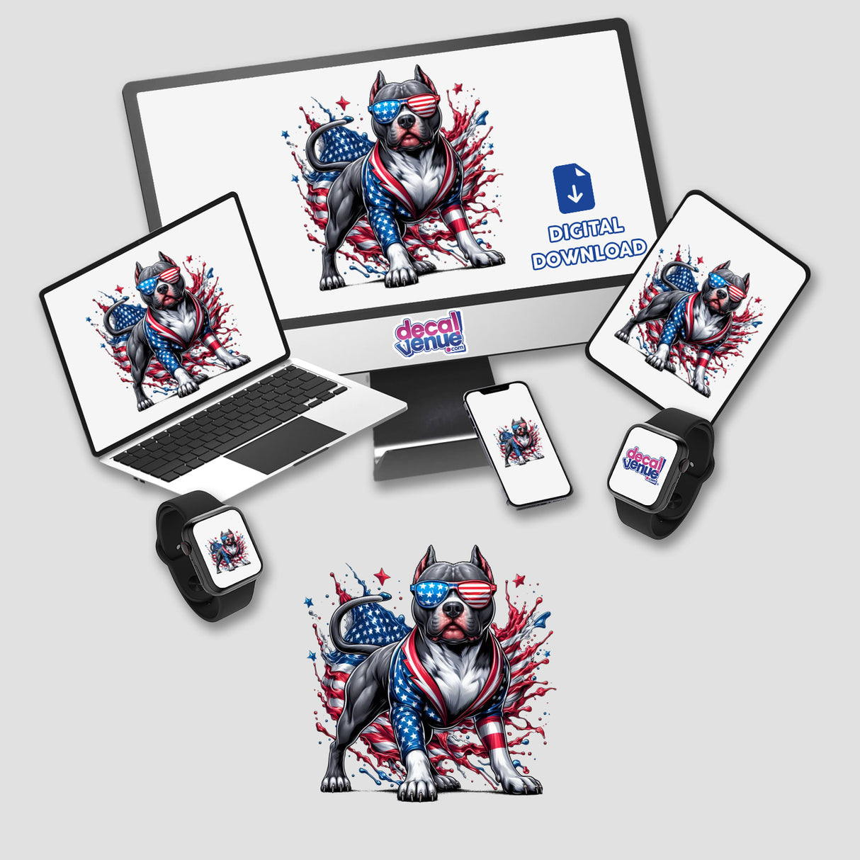 American Flag Splash Pitbull Dog design, available as unique stickers or digital artwork, featuring a dynamic pitbull motif, reflecting Decal Venue's specialty in distinctive vinyl and digital art.