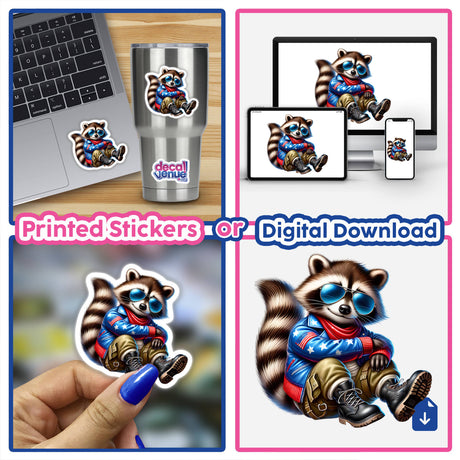 Patriotic Leather Raccoon Aviator Sunglasses sticker featuring a raccoon in sunglasses and a blue jacket, shown on various surfaces like a laptop and a cup.