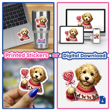 Watercolor Goldendoodle Dog Sweater and Lollipop sticker, featuring a cartoon-style dog holding a lollipop, suitable for laptops or cups, exemplifying Decal Venue's unique sticker offerings.
