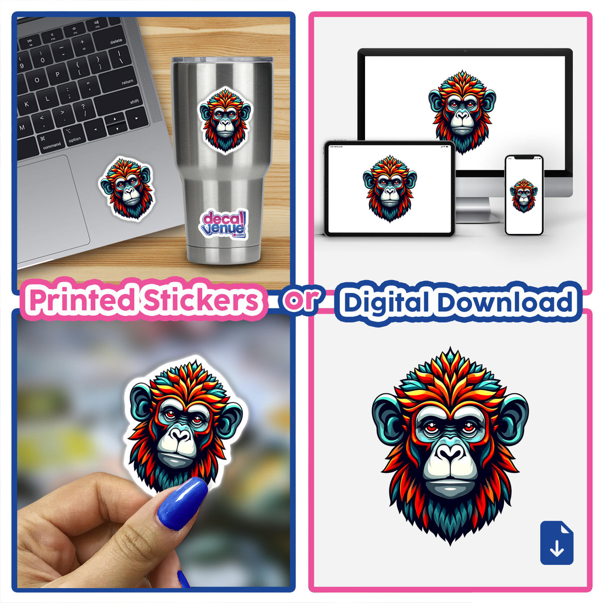 Collage featuring A Cool Monkey King sticker on a laptop, showcasing a vibrant monkey illustration available as both stickers and digital artwork.