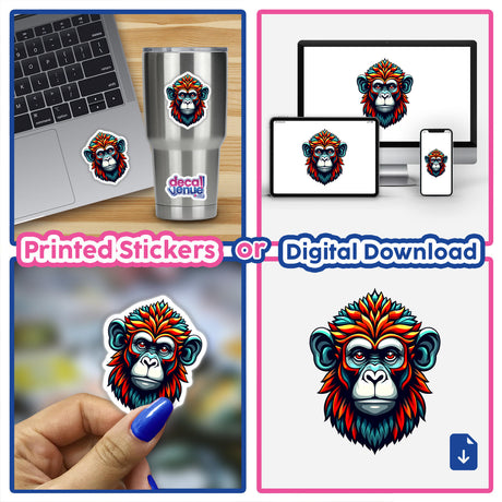 Collage featuring A Cool Monkey King sticker on a laptop, showcasing a vibrant monkey illustration available as both stickers and digital artwork.