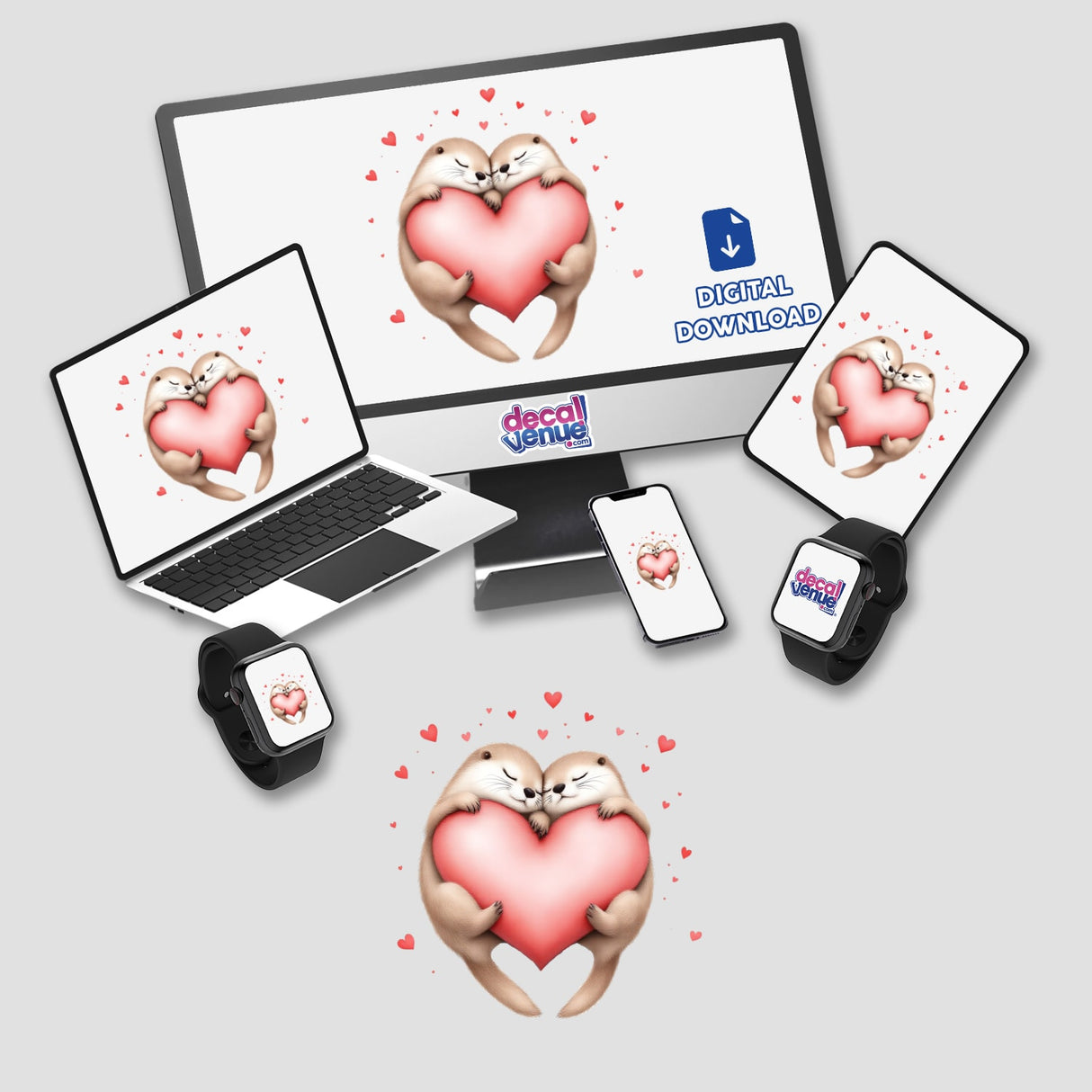 Sleeping Otters with Hearts stickers or digital art, featuring two adorable otters cuddling a heart, perfect for laptops and screensavers, embodying warmth and charm.