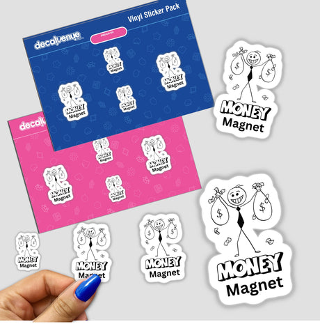 Hand holding a Money Magnet Stickman sticker, featuring a stick figure with money bags, part of Decal Venue's unique sticker collection available as stickers or digital artwork.