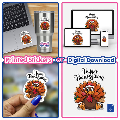 Happy Thanksgiving Turkey Bird III sticker displayed on a laptop, featuring a cartoon turkey with a hat and pumpkins, available as stickers or digital artwork from Decal Venue.
