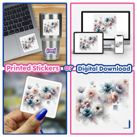 Collage of Ethereal Blossoms - Floating Floral Watercolors, featuring laptops with flower stickers and digital artwork of delicate floral designs.