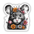 Detailed digital image of a mouse portrait surrounded by colorful floral accents