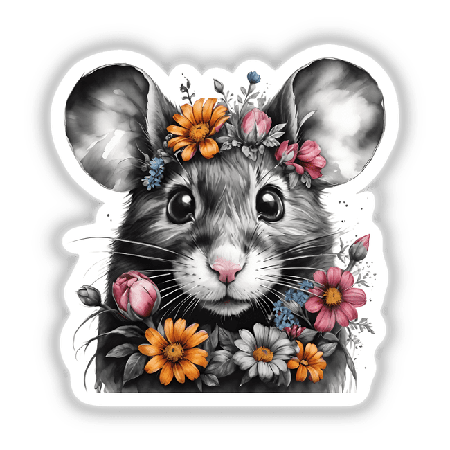 Detailed digital image of a mouse portrait surrounded by colorful floral accents