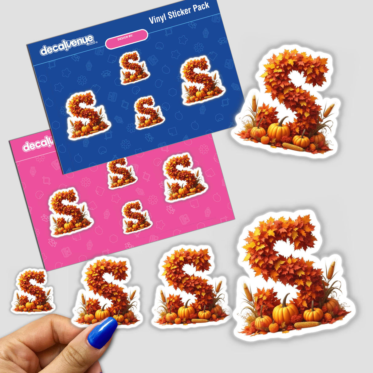 Thanksgiving Letter S Clipart - Fall Leaves and Pumpkins Design - Stickers or Commercial Use Download featuring a close-up of autumn-themed letter S stickers adorned with leaves and pumpkins.
