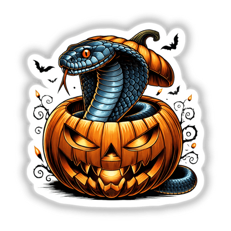 Creepy cobra snake peeking out of spooky jack-o'-lantern, Halloween digital artwork