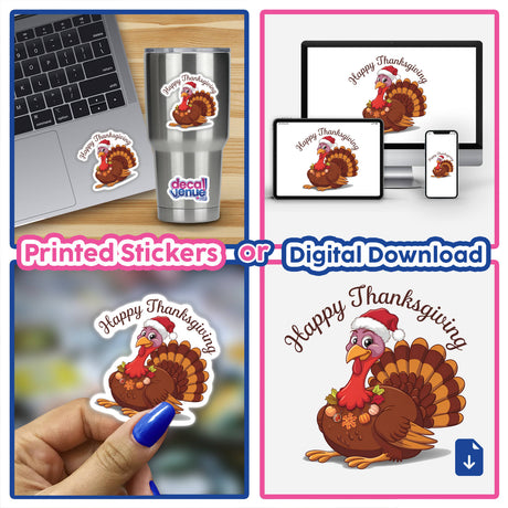 Happy Thanksgiving Turkey Bird II stickers and digital artwork featuring a cartoon turkey, some with a Santa hat, displayed on items like a laptop and stainless steel cup.
