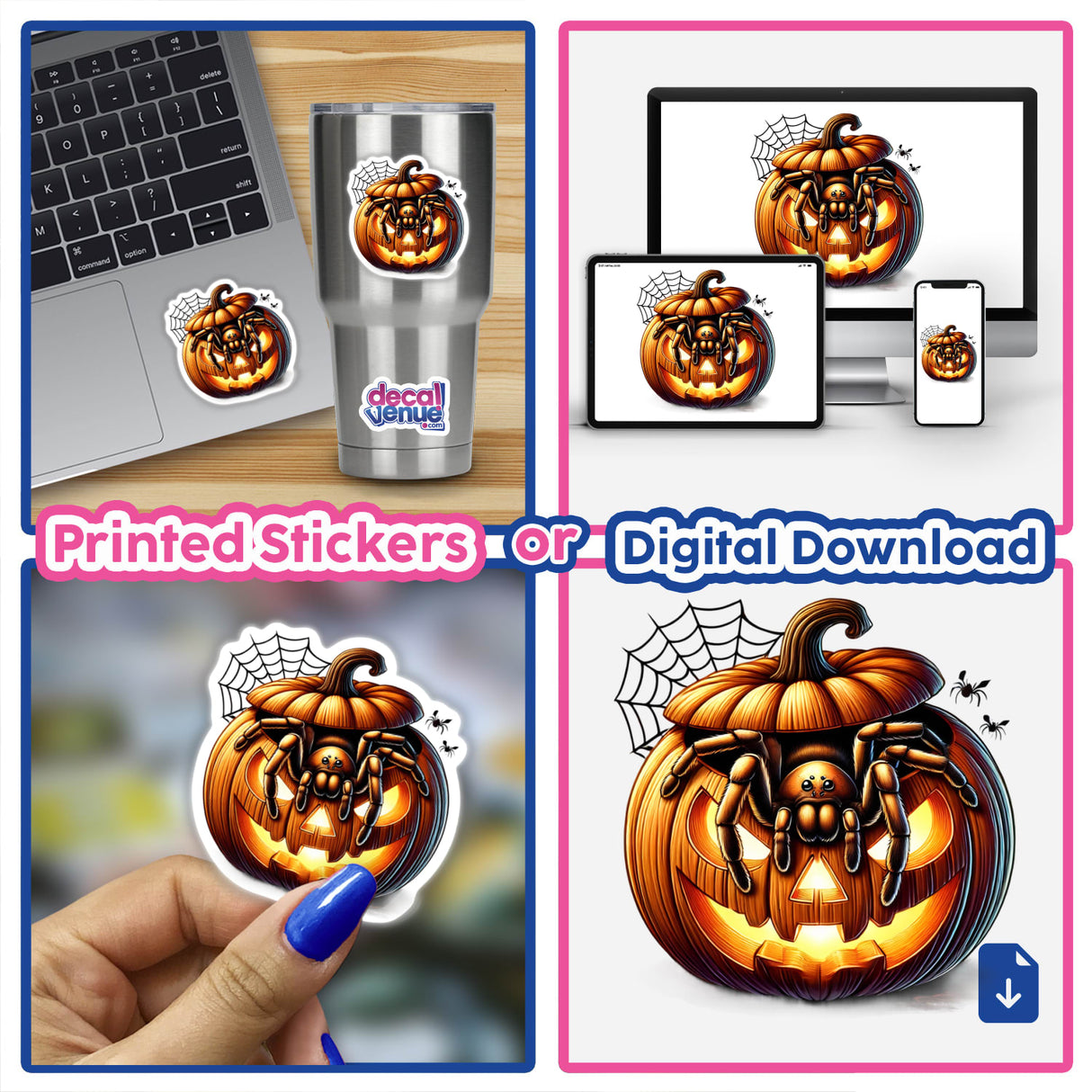 Spooky pumpkin with spider design, available as printed sticker or digital download, shown on various products like laptop, phone, and water bottle from Decal Venue.