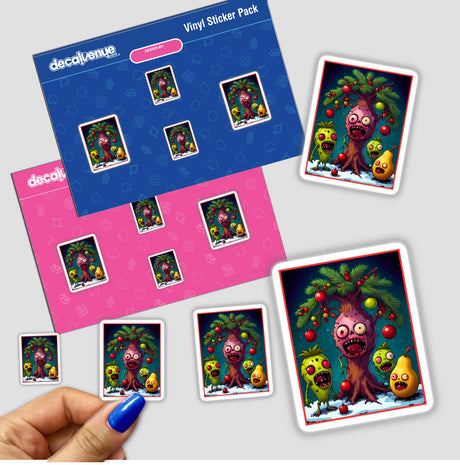 Zombie Fruit Holidays stickers featuring whimsical cartoon trees with fruits and playful characters, available as unique stickers or digital artwork, ideal for adding charm to any surface.