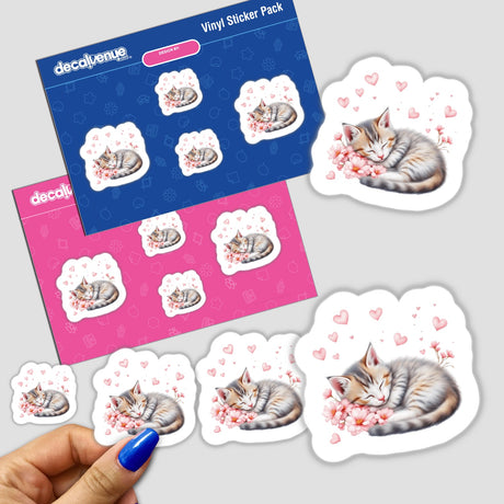 Sleeping Kitten with Hearts sticker, featuring a serene cat resting among flowers, available as a sticker or digital artwork from Decal Venue. Perfect for adding charm to any surface.