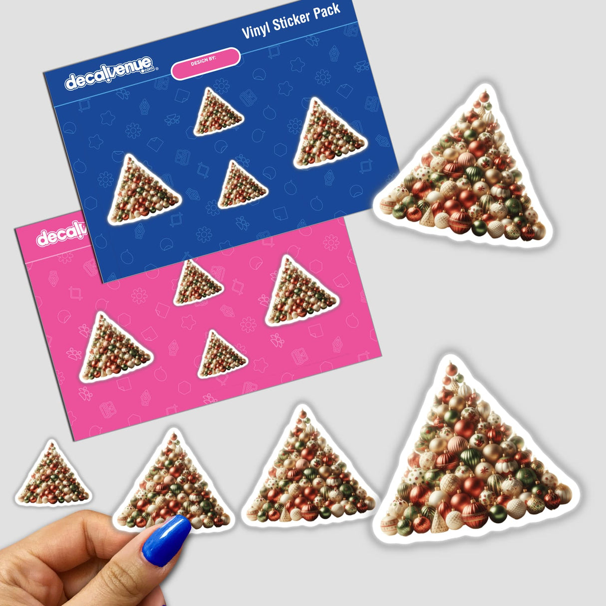 Christmas Ornament Pyramid sticker pack featuring a triangle arrangement of festive ornaments. Available as stickers or digital artwork, embodying Decal Venue's unique and creative style.