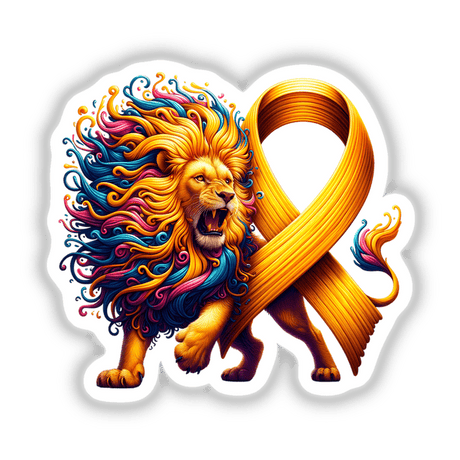Lion Gold Ribbon Childhood Cancer Awareness illustration, featuring a vibrant lion adorned with a yellow ribbon, available as stickers or digital artwork from Decal Venue.