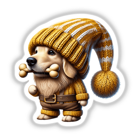 Golden Retriever Gnome with Dog Bone: A cartoon-style dog wearing a hat and sweater, holding a bone in its mouth, available as stickers or digital artwork.